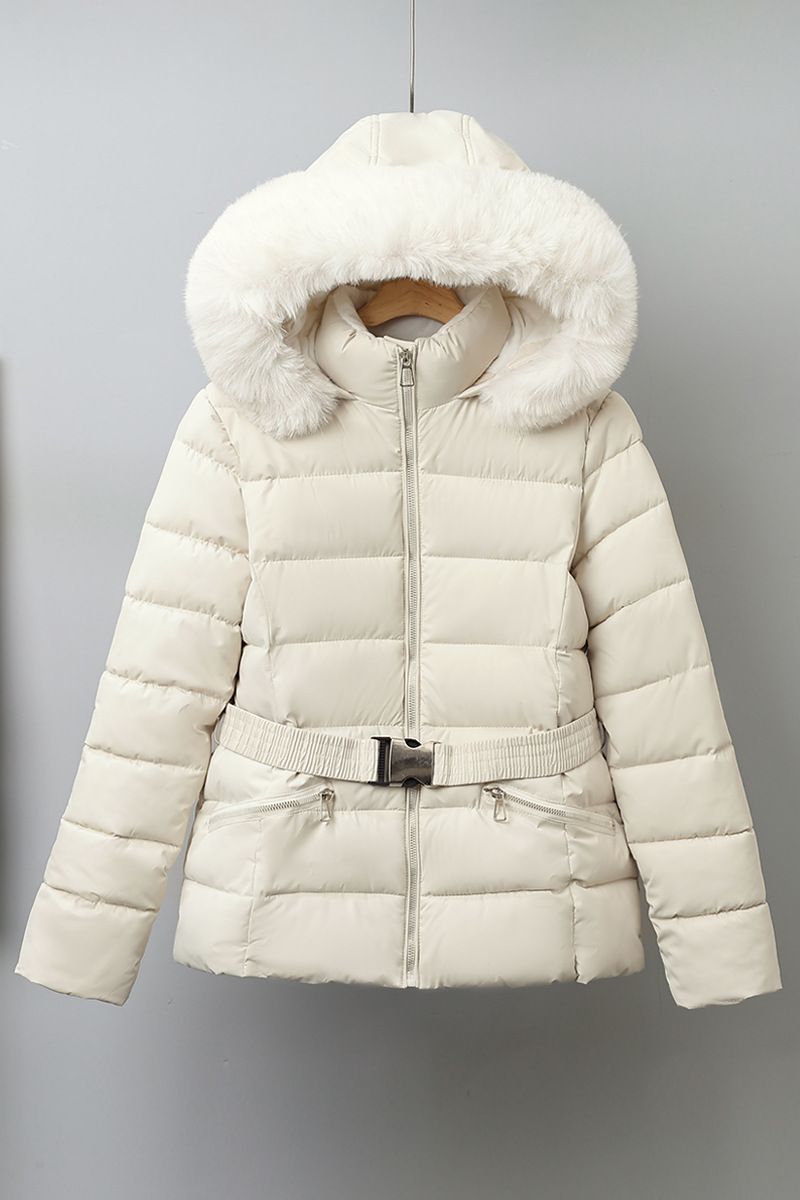 Fleecegevoerde ski-jas voor dames met riem - warme winterjas, capuchonjas met rits, dikke, geïsoleerde bovenkleding voor wintersporten_voghion.com