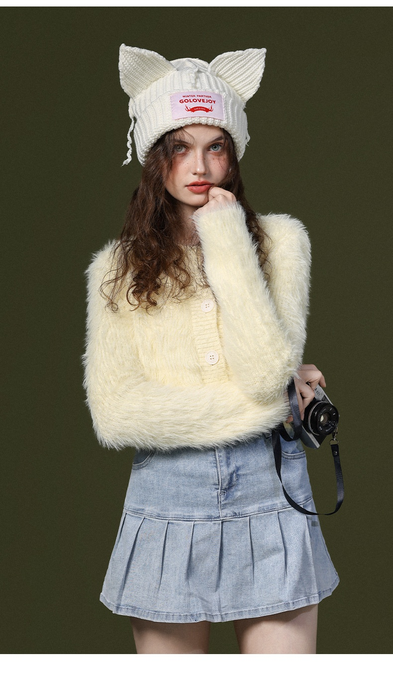 Lavorato a maglia di lana autunnale e invernale per stare al caldo, uscire, mostrare strisce sottili, orecchie di gatto carine (pane a forma di orecchio di gatto al vapore),_voghion.com