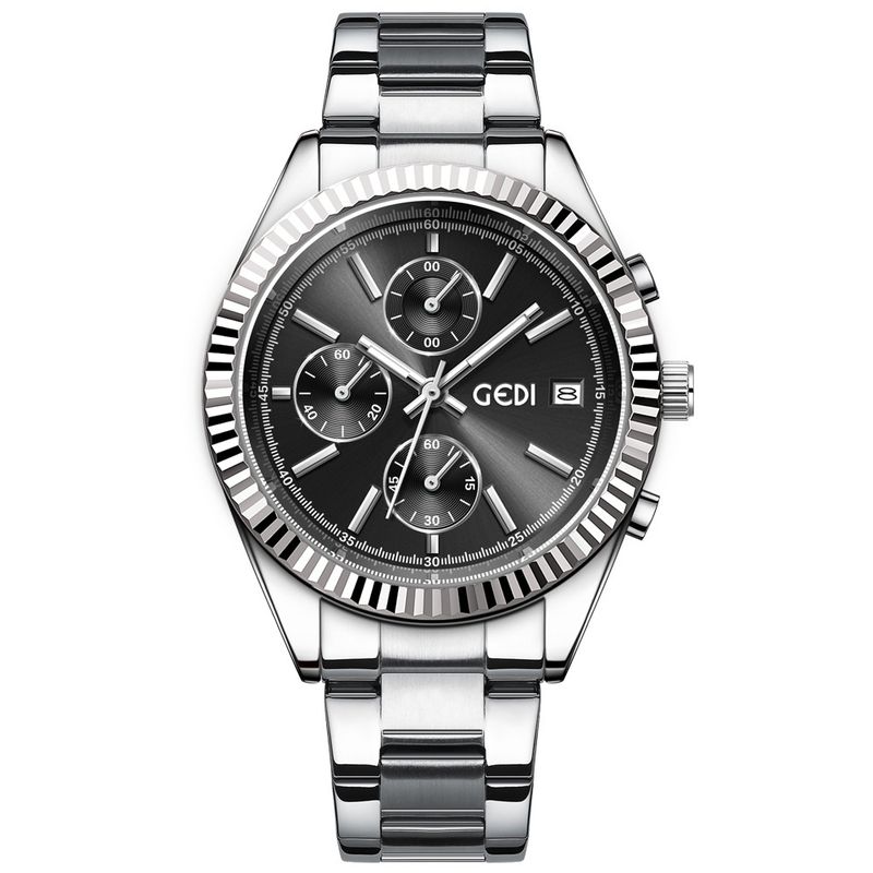 Orologio al quarzo impermeabile di alta qualità con quadrante grande e cinturino in acciaio, con calendario aziendale, anello a dente di cane e sei lancette Goldeye Three Eyes_voghion.com
