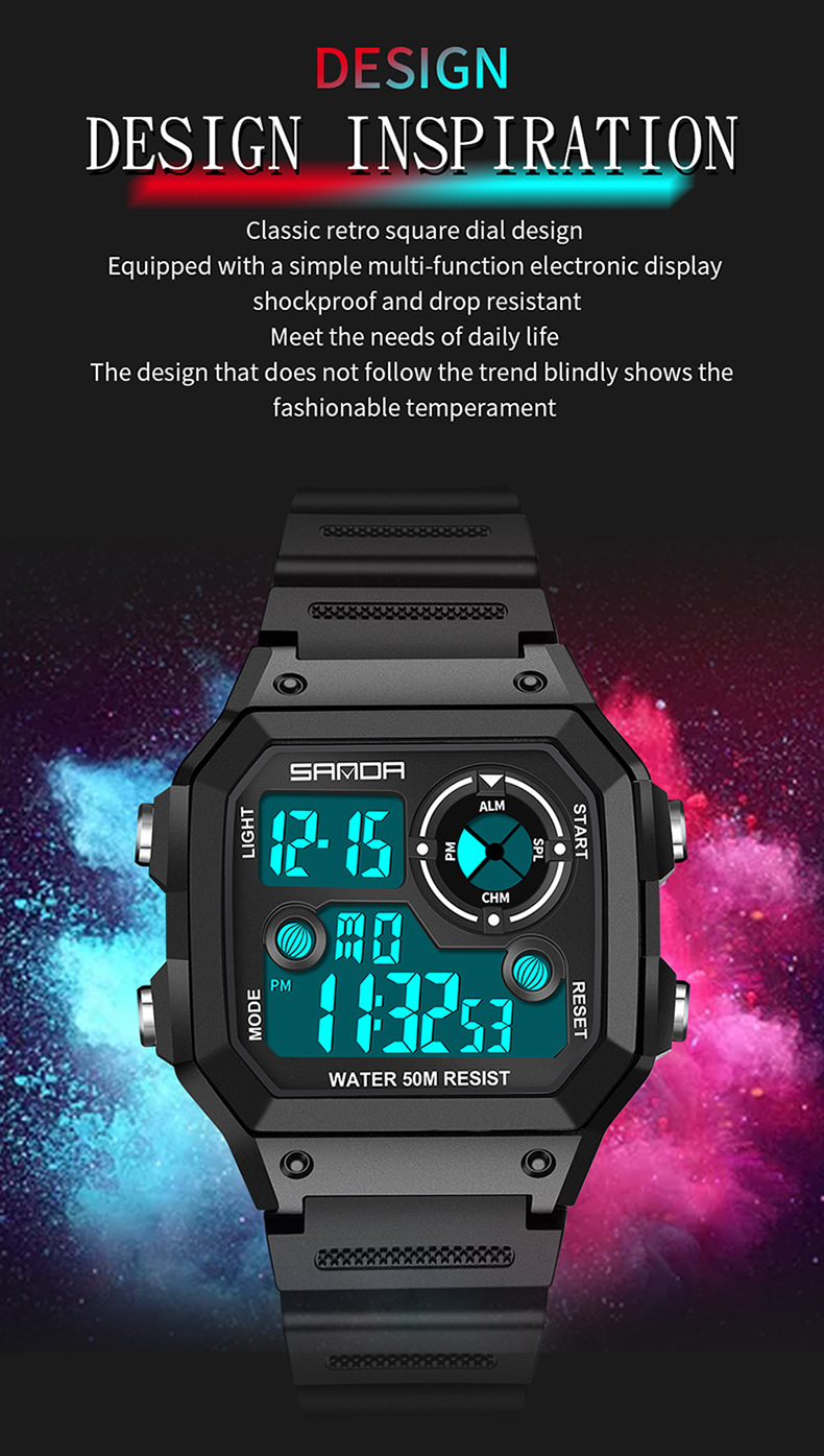Digital Sports Watch With LED Backlight, Waterproof, Alarm, And Military-Grade Durability - Lightweight Resin Strap, Square Dial, 50M Water Resistance_voghion.com