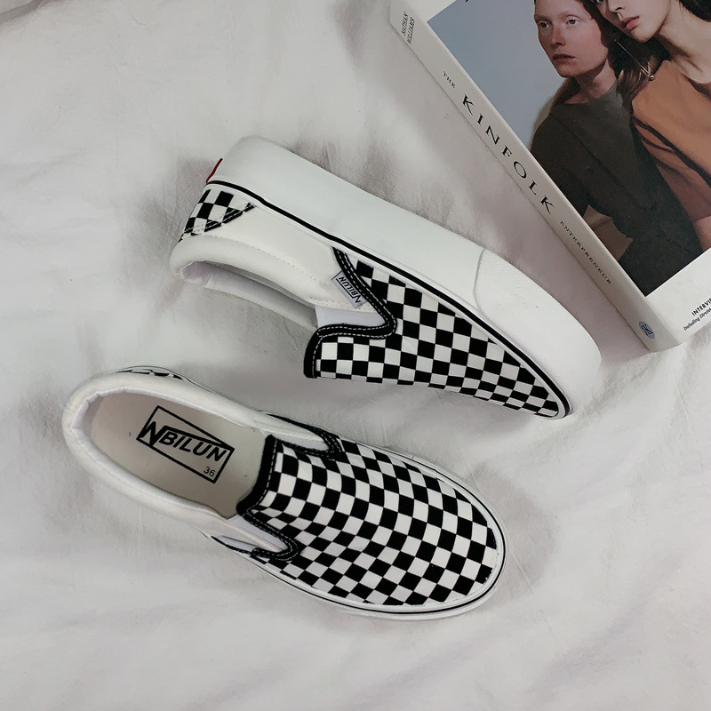 Primavera nuove scarpe di tela a scacchiera da donna coreana con suola spessa Slip On Lazy Ryan Vulcanizzato Skateboard_voghion.com