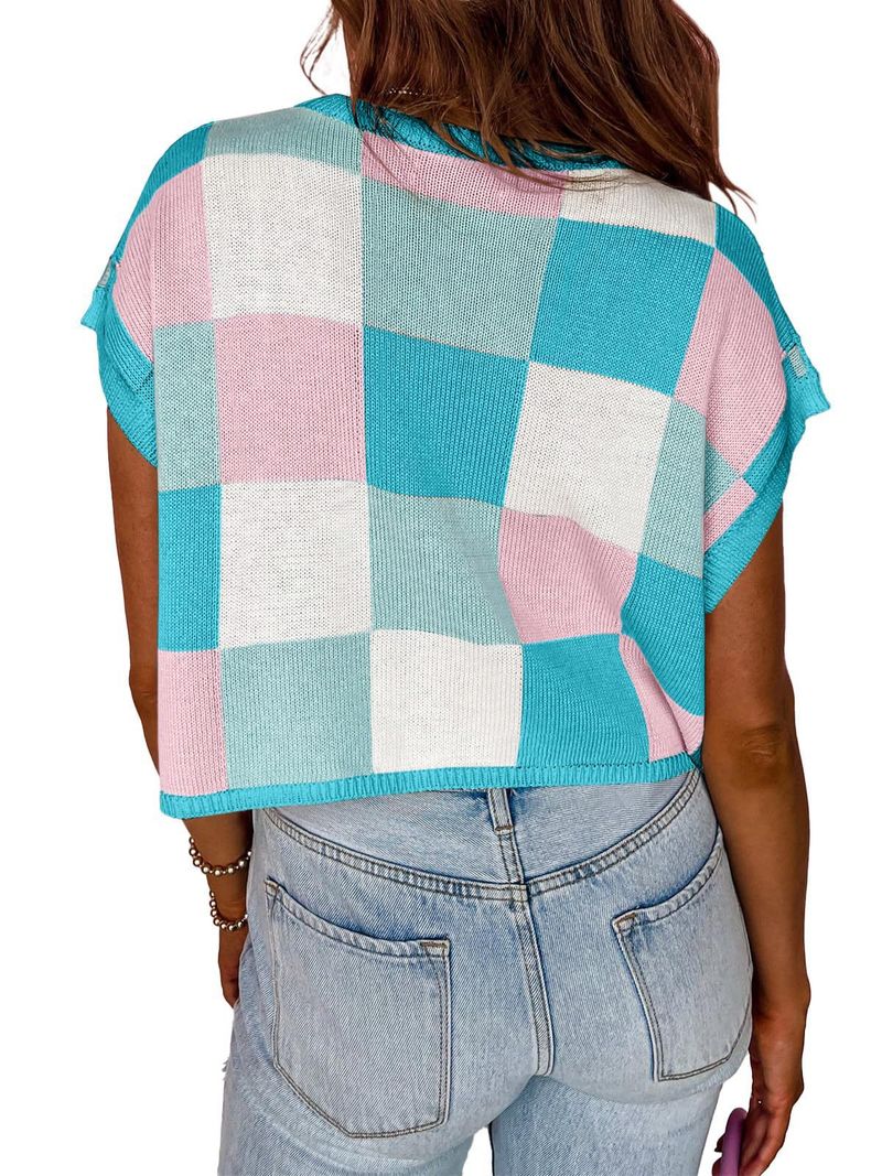 2024 Frühling Sommer Kappe Crop Top Ärmel Farbblock Rundhals Gestrickte Schachbrett Pullover Kurze_voghion.com