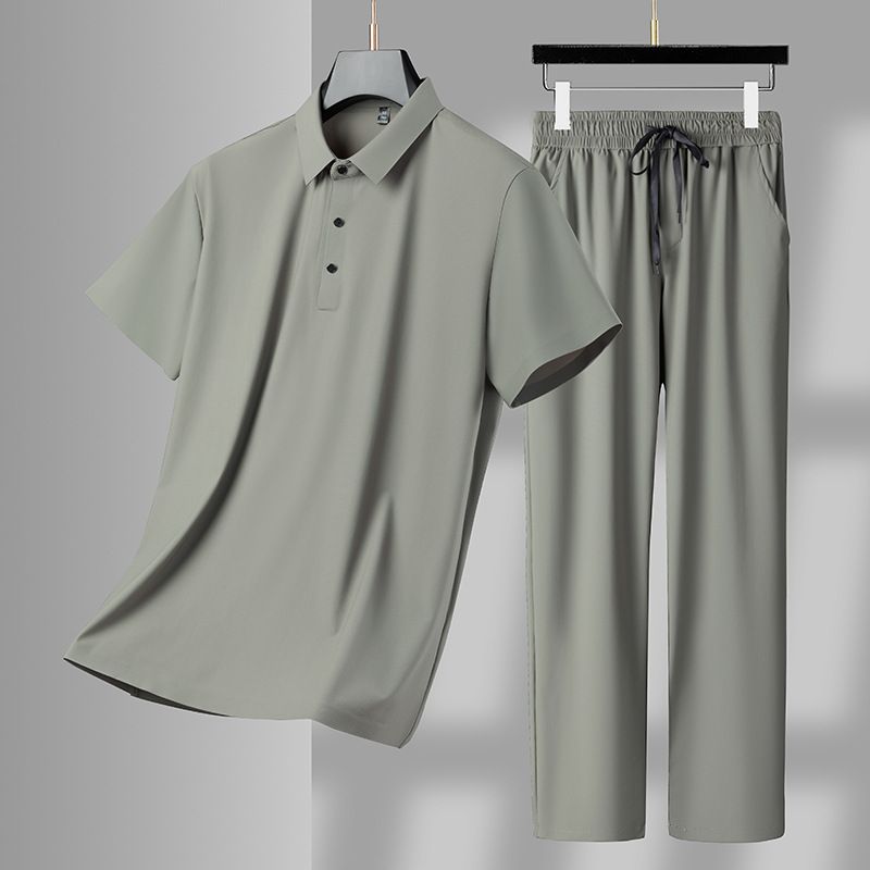 LazyZoom New Summer Short Sleeve T-Shirt Men's Seamless Nylon Suit Trendy Dad Casual Ice Silk Long Pants Men_voghion.com