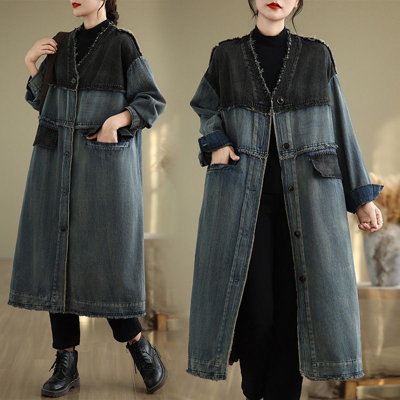 Cowboy Trenchcoat Dam Höst- och vintern Ny koreansk version Kontrastfärgad V-ringad lös överdimensionerad casualjacka_voghion.com