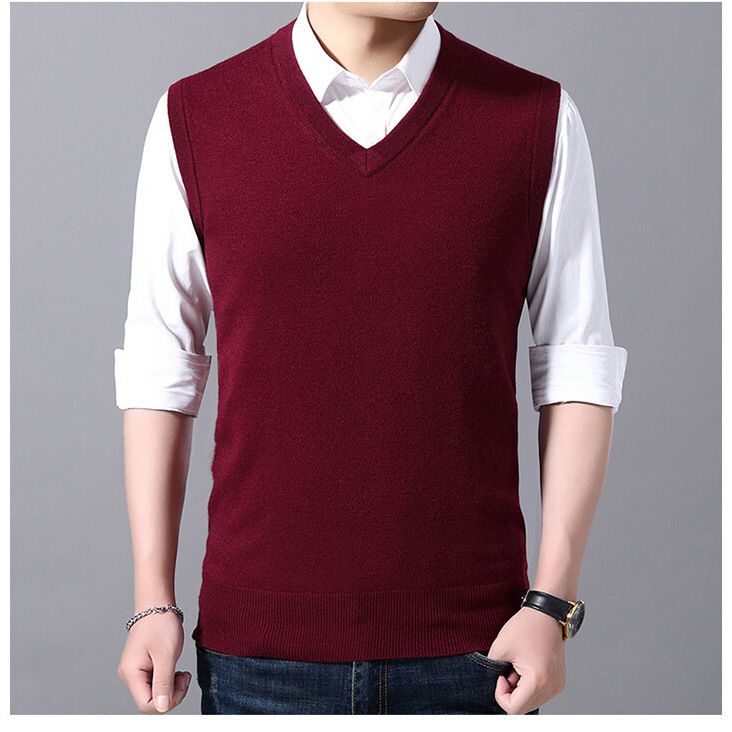 Spring And Autumn Wool Solid Color For Middle-aged Men, High-end V-neck Knitted Sweater, Warm Sleeveless Vest_voghion.com