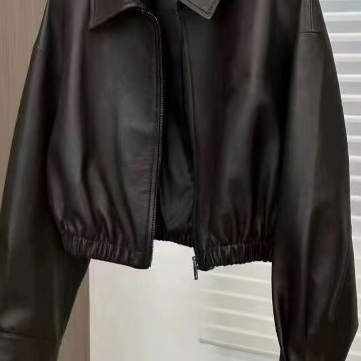 Veste courte en cuir noir souple pour femme, col carré, design unique, style moto, fermeture éclair_voghion.com
