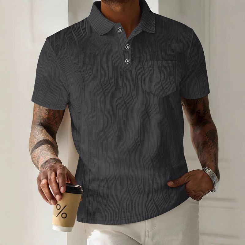 Men's New Lapel Button Pocket Corduroy Solid Color Casual Short Sleeved Polo Shirt_voghion.com