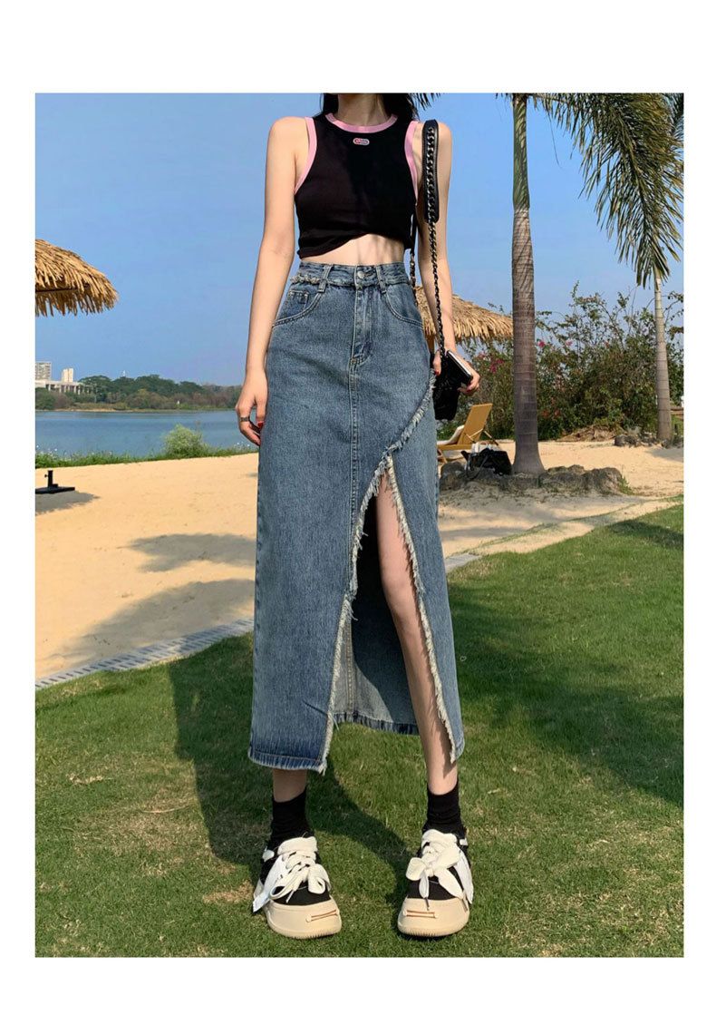 Gonna da cowboy, spacco da donna, linea ad A estiva alla moda a vita alta, lunghezza media irregolare con bordo in pelliccia e glutei_voghion.com