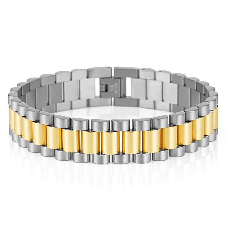 Solid Stainless Watch Band Gold Simple Men's Wide Bracelet Titanium Steel Adjustable Bangle_voghion.com