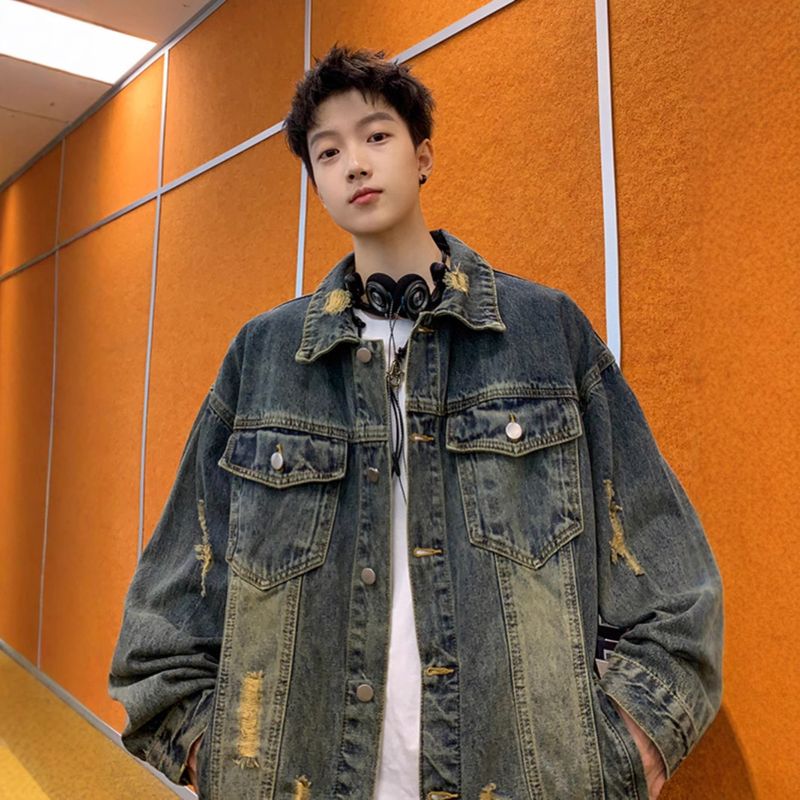 Washed Denim For Men's Spring Autumn 2025 New Style Trendy Ripped Hole And Handsome Casual Jacket_voghion.com