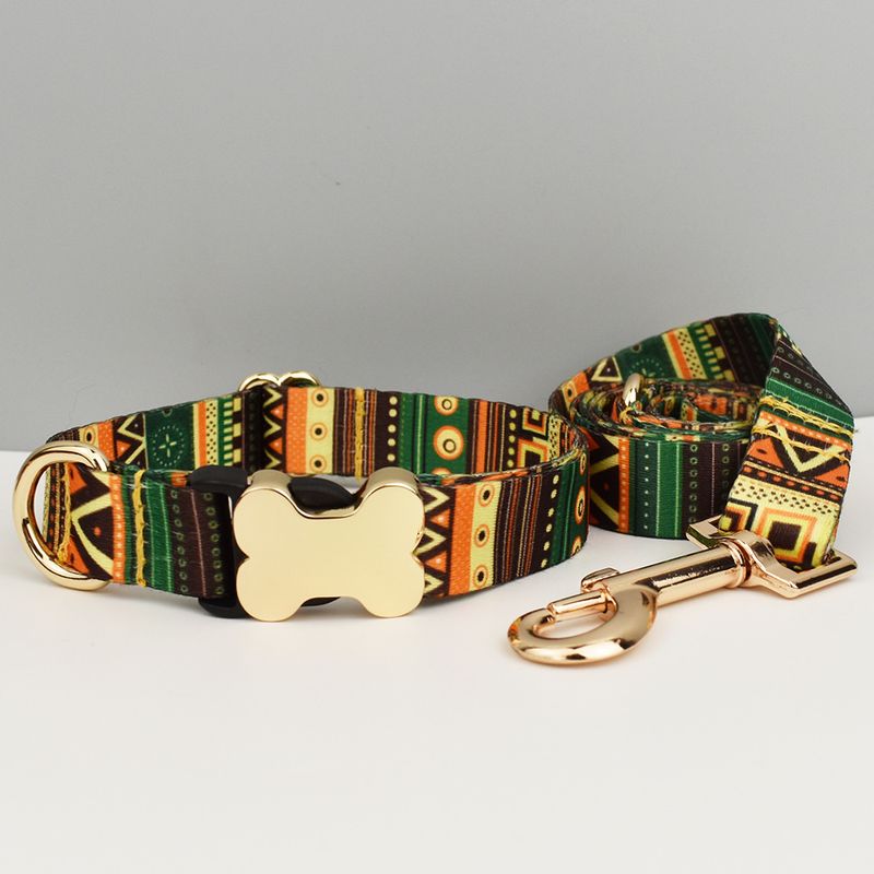 Ethnic Style Ribbon Bone Buckle Printed Pet Cute Outdoor Walking Neck Collar Chain Dog Leash_voghion.com