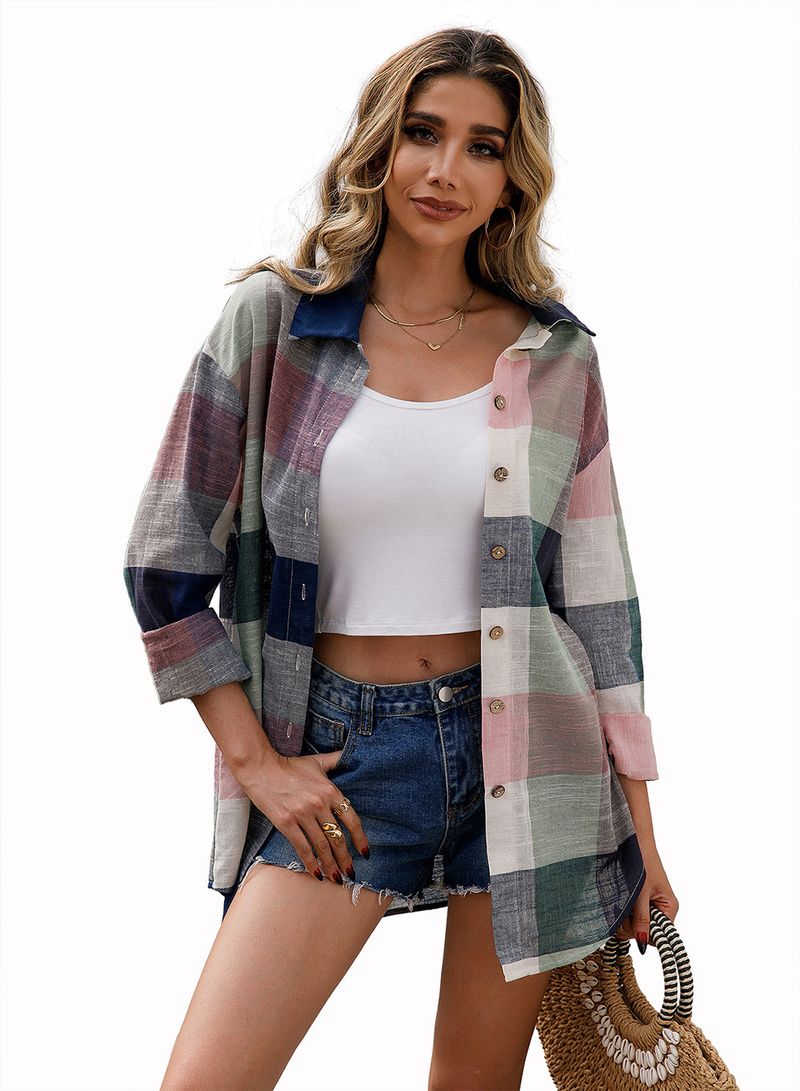 Camicia midi scozzese colorata ampia e casual, top da donna, monopetto, a maniche lunghe, scozzese_voghion.com
