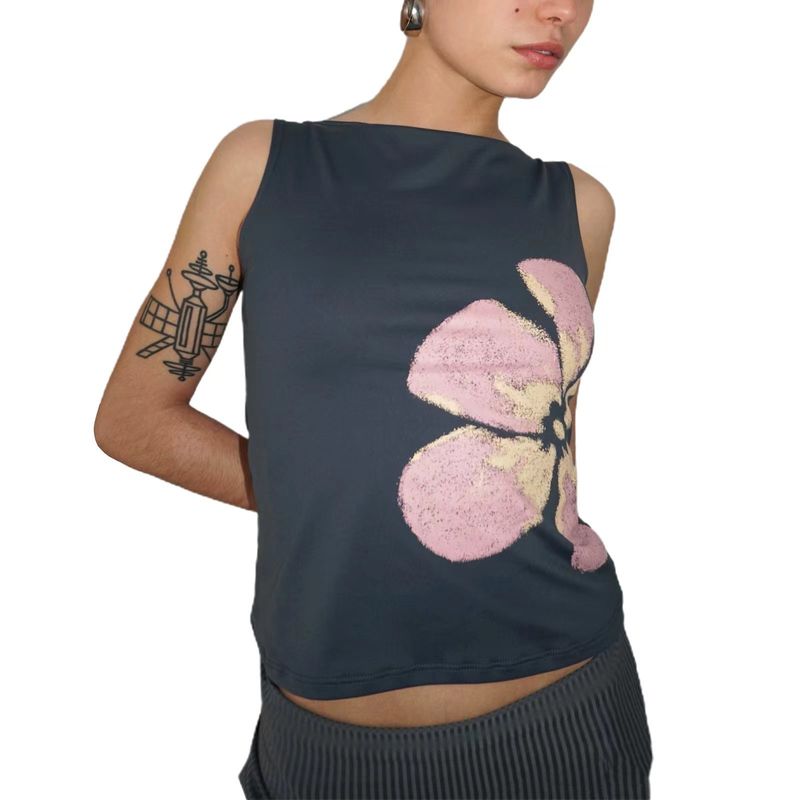 Maglione senza maniche aderente con stampa floreale semplice e girocollo da donna_voghion.com