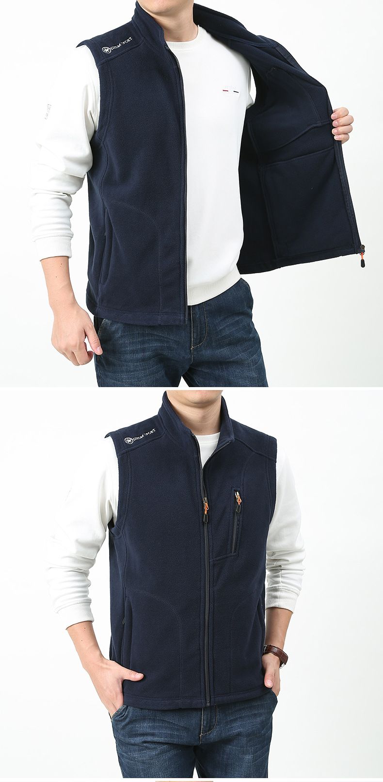 Colete masculino de lã polar com vários bolsos e fechamento em zíper, ideal para o inverno, perfeito para atividades casuais e ao ar livre._voghion.com