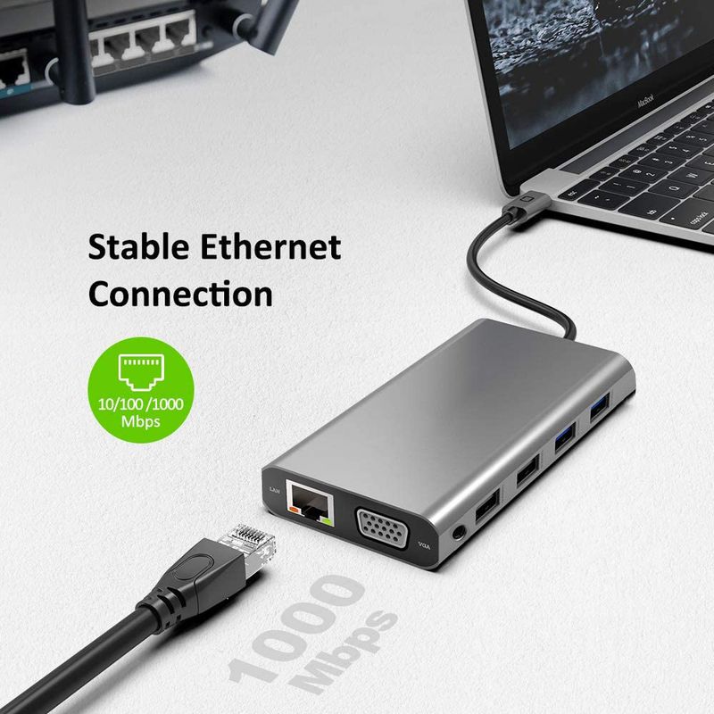 Trīskāršā displeja USB C centrmezgls Dual Monitor Adapter Klēpjdatora centrmezgls USB C līdz 2 HDMI 4K+VGA+Ethernet+100W PD+4USB+Audio priekš MacBook Pro OTG_voghion.com