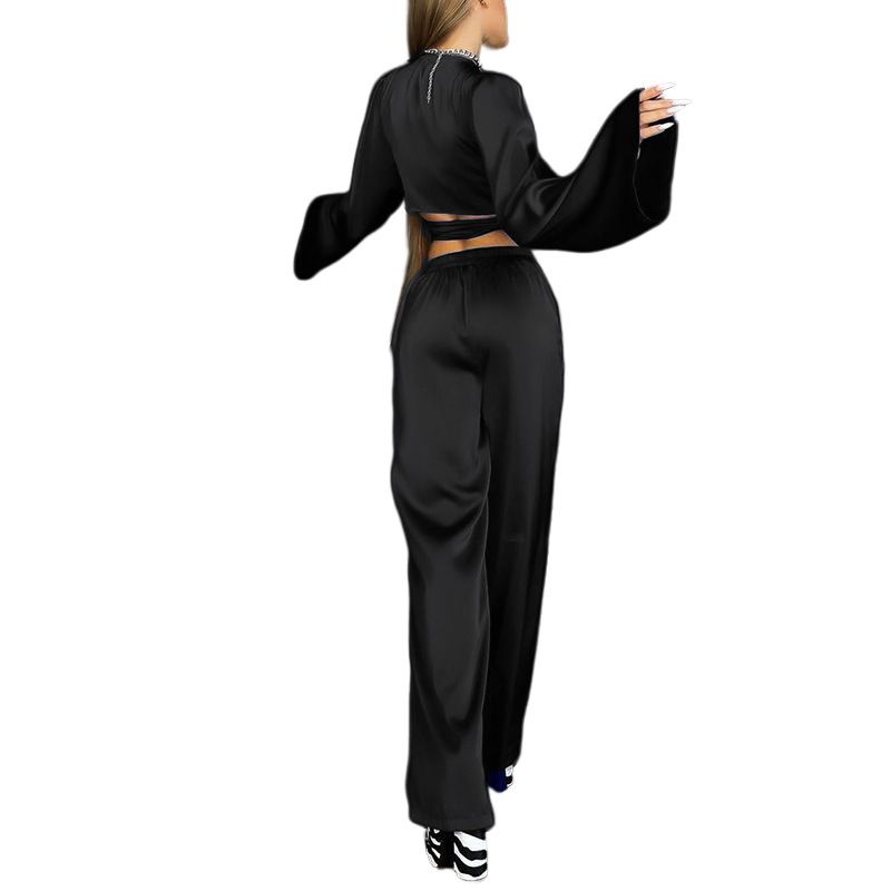 Autumn solid color long-sleeved tops straight trousers casual suit two-piece set_voghion.com
