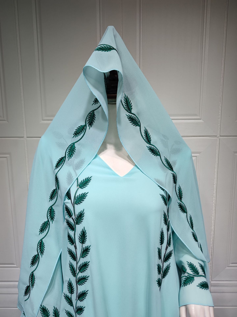 Damenmode Street Chiffon langes muslimisches besticktes rosafarbenes Rundhalskleid mit Hijab_voghion.com