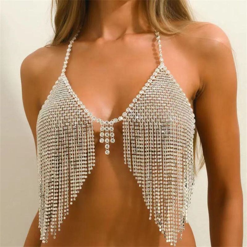 Set di reggiseno bikini con strass e catena per il corpo con frange, gioielli da donna, per feste in discoteca, outfit glamour, catena per il corpo con nappa lucida da discoteca_voghion.com
