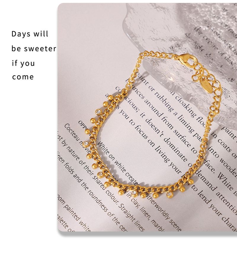 Titanium Steel Small Round Bead Inlaid Rhinestone Interval Pendant Tassel Necklace Bracelet Set_voghion.com