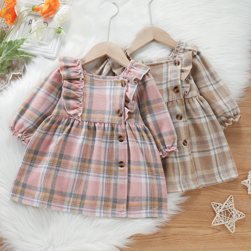Herbstliches neues kariertes Woll-Rüschen-Langarm-Herbstkleid für Mädchen_voghion.com