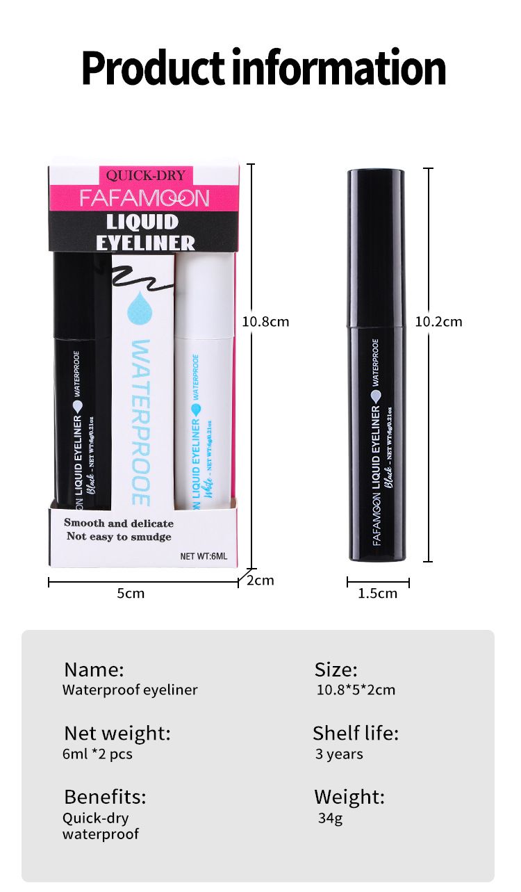 Eyeliner impermeabile, ad asciugatura rapida, a lunga durata, non sbiadisce, in bianco e nero. Eyeliner Suit_voghion.com