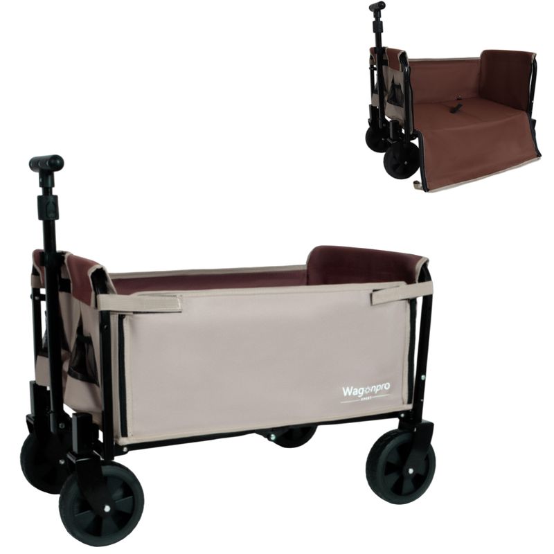 All-in-One Convertible Folding Camping Wagon Cart: Bench Seat, Storage Compartment & Included Dog Tether, Beige/Brown_voghion.com
