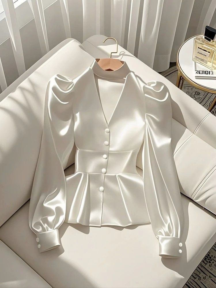Abbigliamento da donna Camicia piccola High End Sense Light Luxury Age Riducente Vita Camicia bianca in raso a maniche lunghe_voghion.com