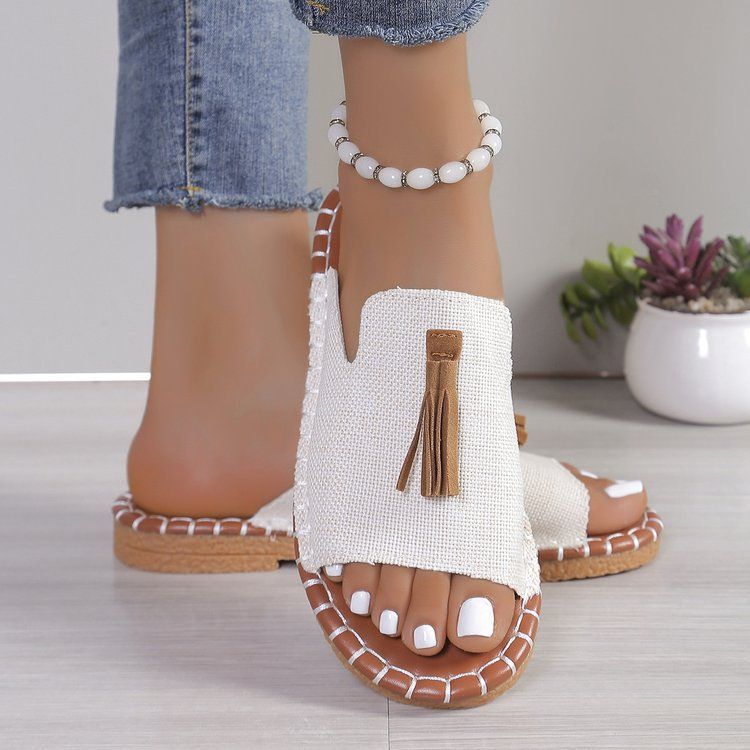 Women's Shoes Large Size Tassel Flat Bottomed One Strap Slippers Summer Outing Beach Women's Shoes_voghion.com
