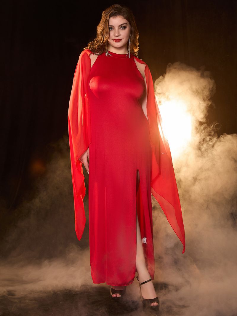 Elegant Plus Size Long Evening Dress With Slit & Batwing Sleeves - Stretchy Polyester Formal Gown For Women (Red, Blue, Black, 1XL-4XL)_voghion.com