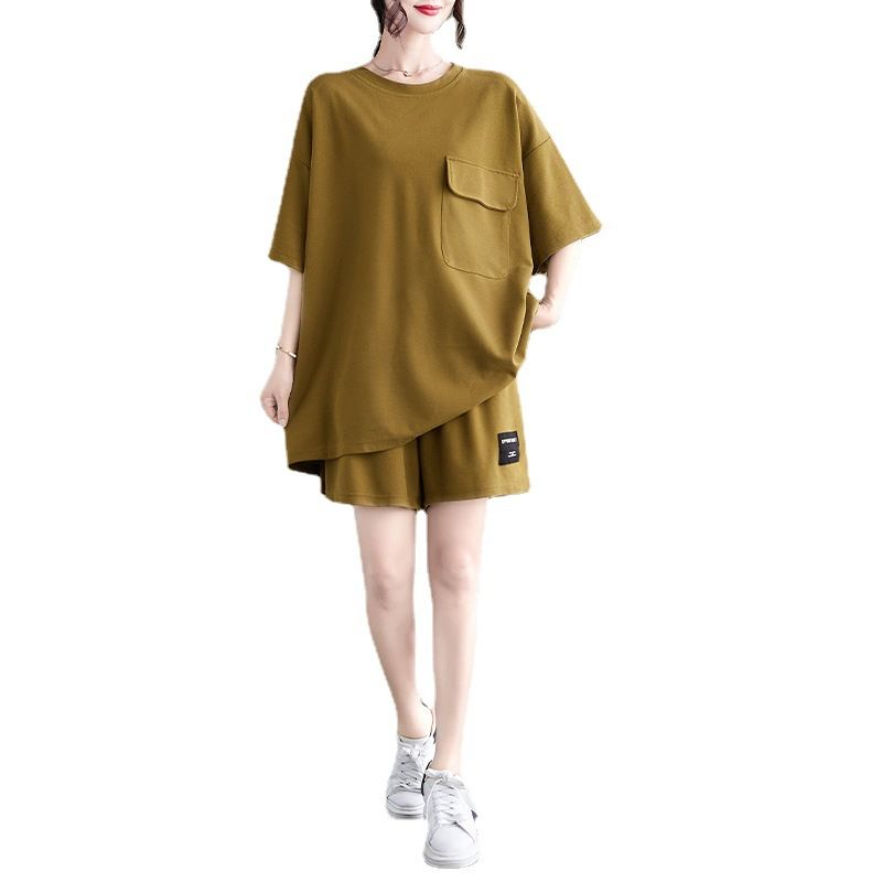 Audday Ensemble deux pièces pour femme, short amincissant à manches courtes, grande taille, décontracté, version européenne, avec poches_voghion.com