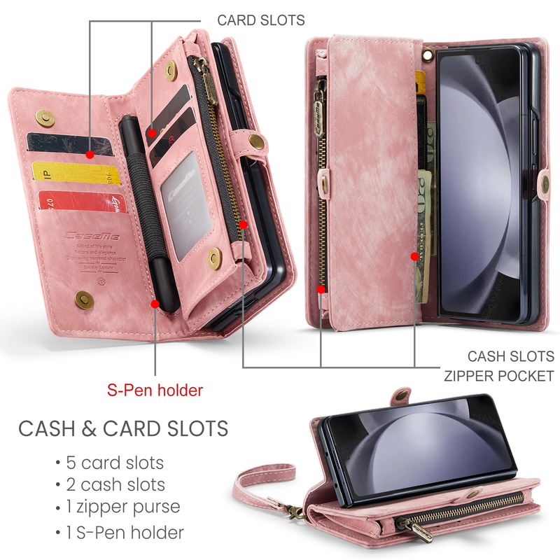 Zipper Pocket Wallet Case for Samsung Galaxy Z Fold 5 with S Pen Holder Vintage Vegan Leather Wrist Strap Magnetic Stand Cover_voghion.com