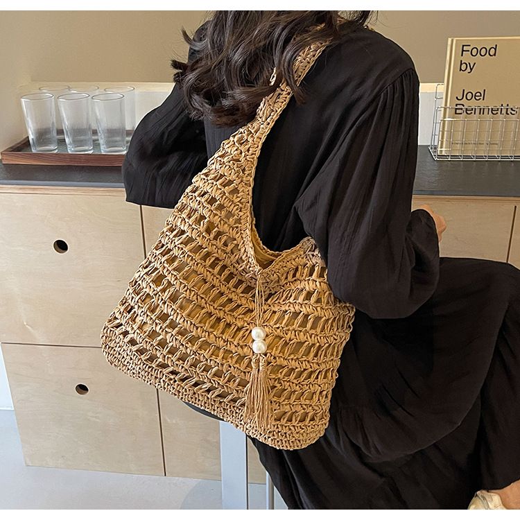 Straw Bag Woven Bag Bohemian Fringe Straw Bag Women's Hollow Woven Bag Seaside Resort Beach Shoulder Bag_voghion.com