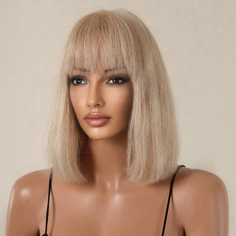 Honigblonder Bob, 100 % Remy-Menschenhaar, für Damen, kurze, natürliche, glatte Perücken, Pony, 10 Zoll, Perücke für den Alltag_voghion.com