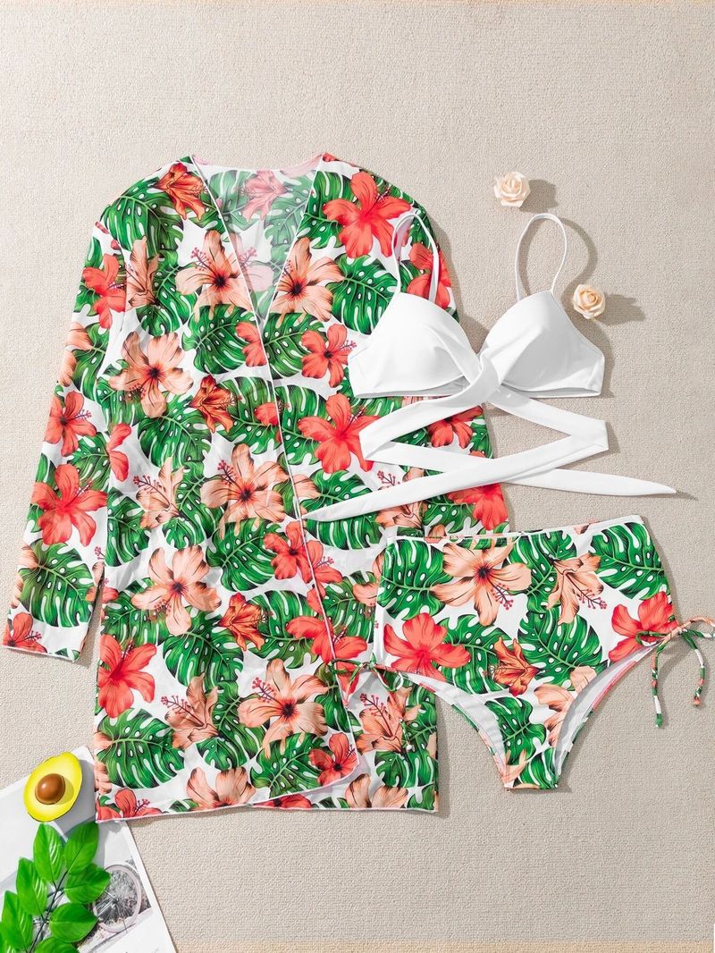 Dameskleding Bikini Sexy Geplooide Mesh Driedelige Print Split Badpak Vrouwelijk_voghion.com