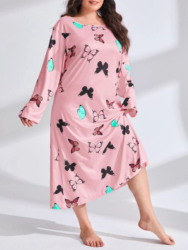 Damenbekleidung Langärmliges Nachthemdkleid mit Schmetterlings- und Herz-Leopardenmuster, überschnittener Schulter, großer Größe_voghion.com