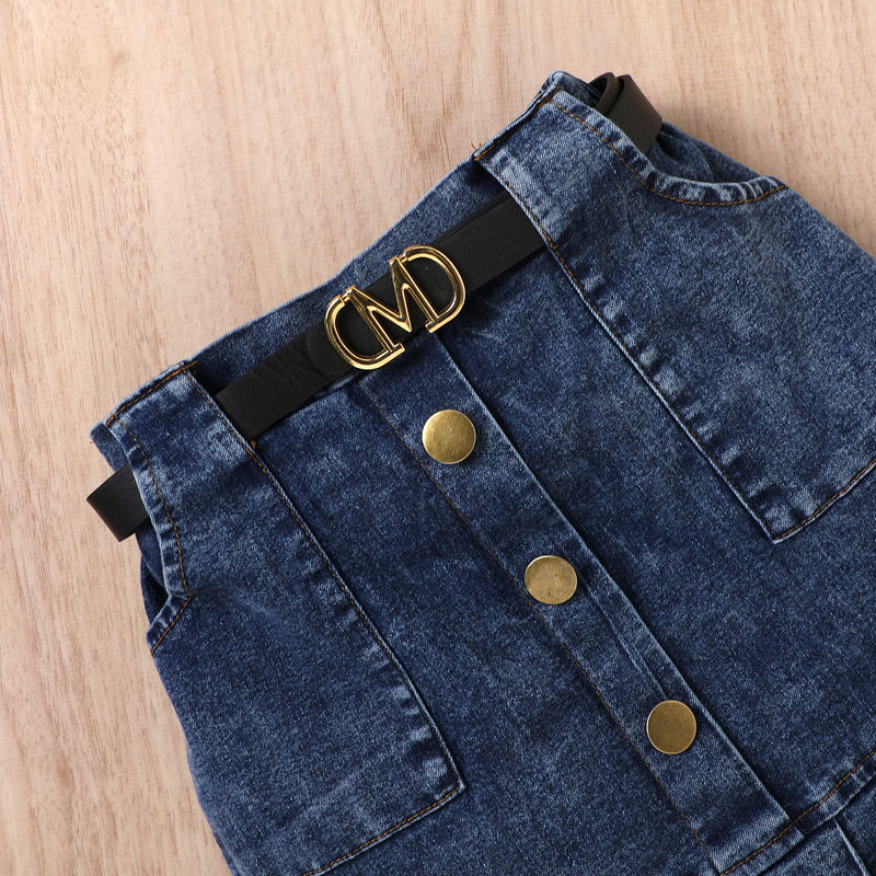 Kinderkleid Mädchen Einfarbig Weste Langarm Top Denim Offene Tasche Faltenrock Anzug_voghion.com