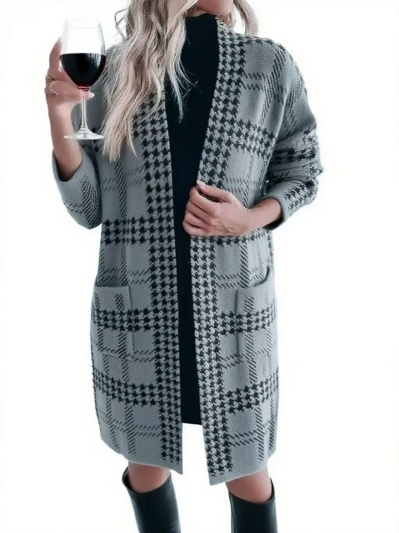 Chic Longline Houndstooth Cardigan – Oversized Open-Front Knit Wrap (Work To Weekend)_voghion.com