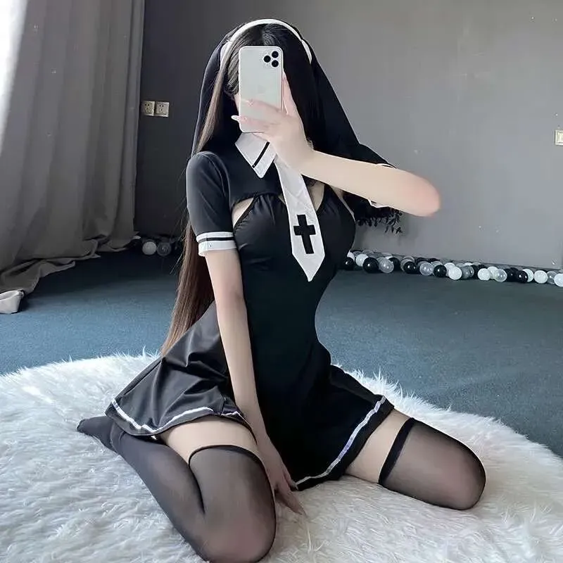 2Pcs/Set Sexy Nun Cosplay Costume For Women Cute Anime Roleplay Gerie Uniform With Headwear Halloween Performance Fancy_voghion.com