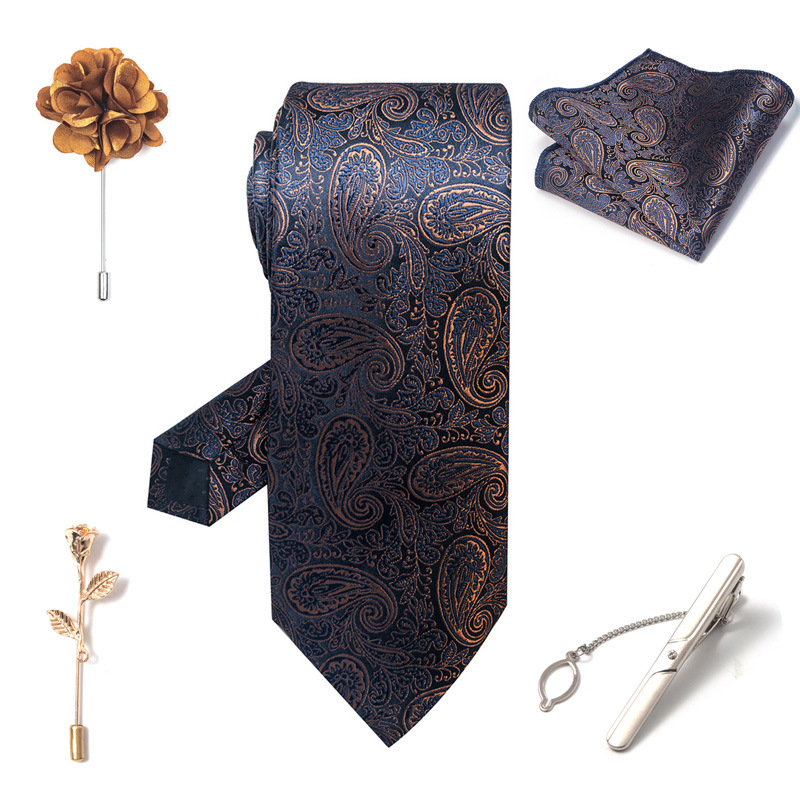 Set da uomo alla moda in tinta unita a righe con anacardi, confezione regalo da 6 pezzi, set con corsetto con fermacravatta e sciarpa quadrata_voghion.com