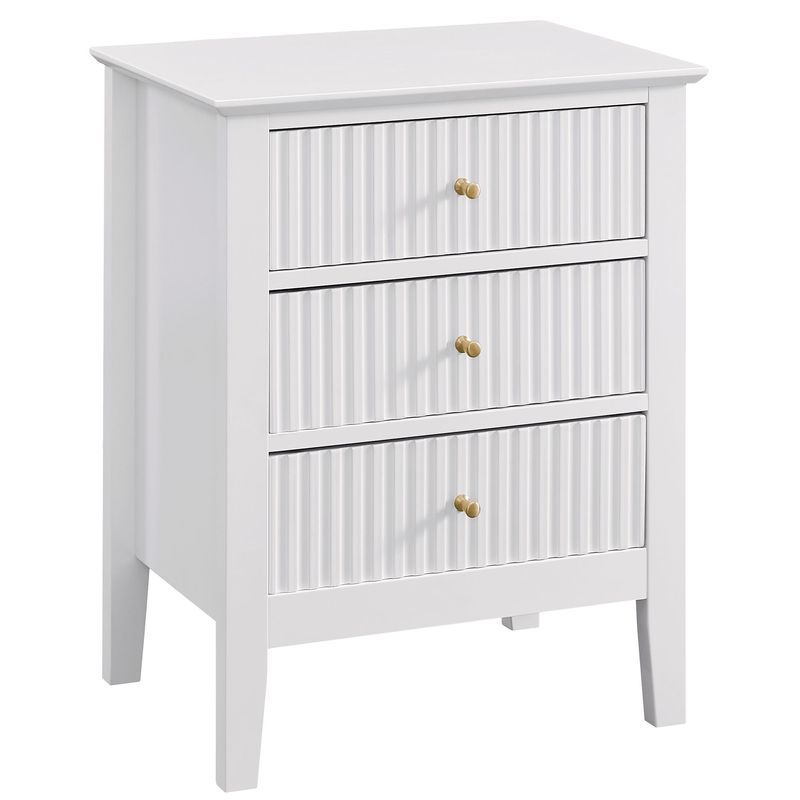 conifferism White Bed Side Table With 3 Drawers 19" W, Bedroom Nightstand 24" H,Vintage Modern Night Stand,Living Room Fluted End Bedside Tables_voghion.com