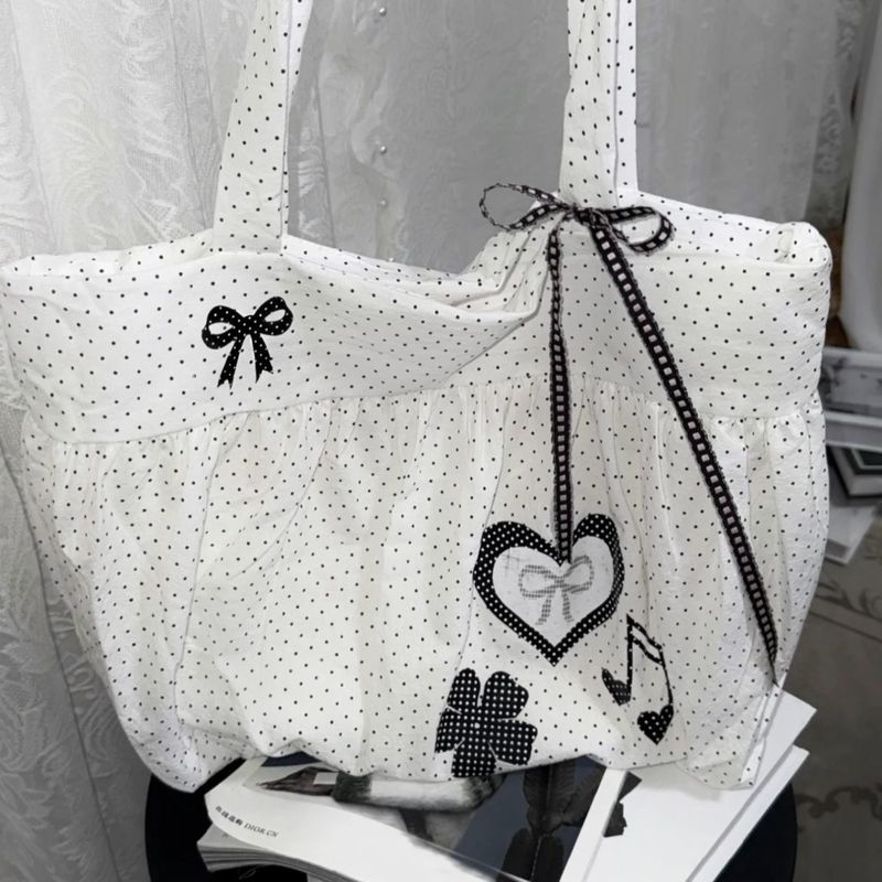 Herbst/Winter Neue Polka Dot Canvas Taschen Fliege Herzförmige Schultertasche Einkaufstasche Vielseitig_voghion.com