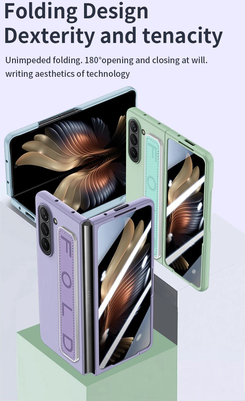 Custodia per telefono con cinturino da polso in pelle PU per Samsung Galaxy Z Fold 5 5G con copertura in plastica di protezione in vetro dello schermo frontale_voghion.com