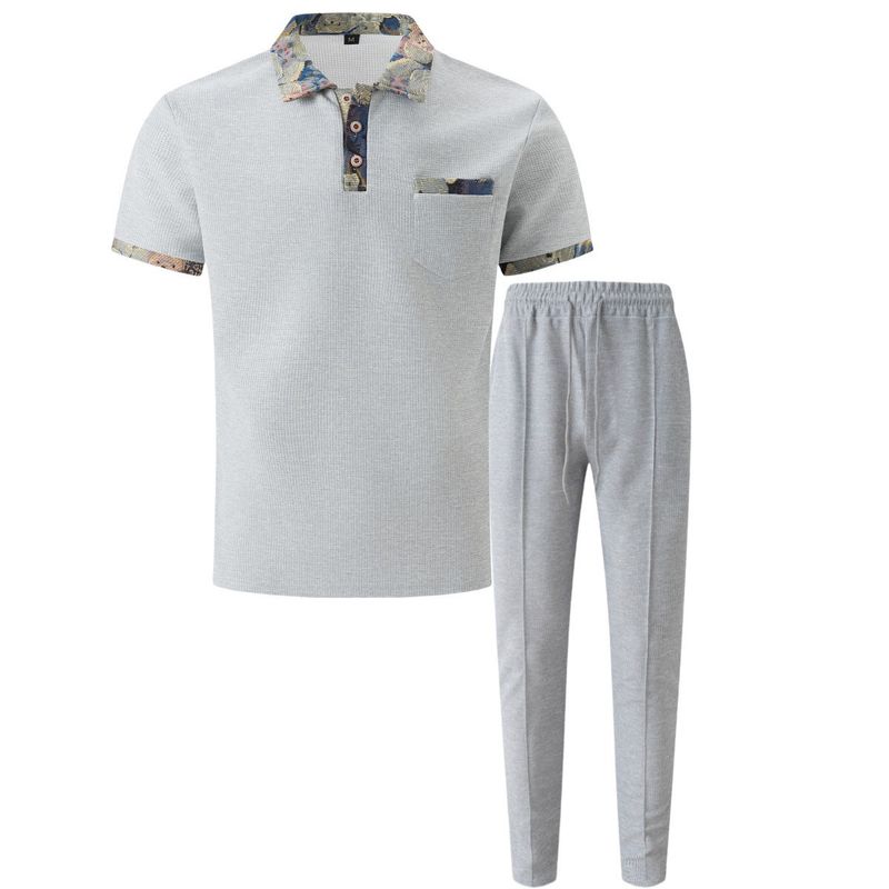 Roupas masculinas Nova juventude Waffle lapela cor combinando bolso manga curta calças terno casual_voghion.com