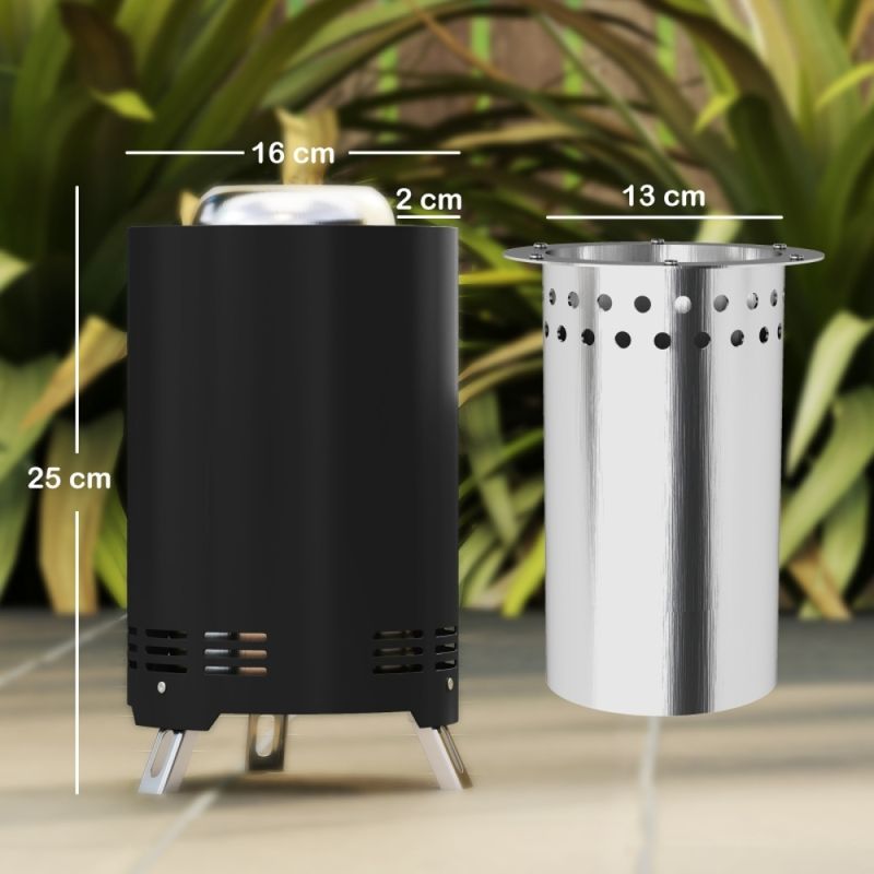 Feuerschale Ø16x25cm Aus Edelstahl Feuerstelle Mit Schürhaken Rauchfreie Feuerschalen Für Garten, Balkon Terrasse, Outdoor BBQ Camping Schwarz_voghion.com