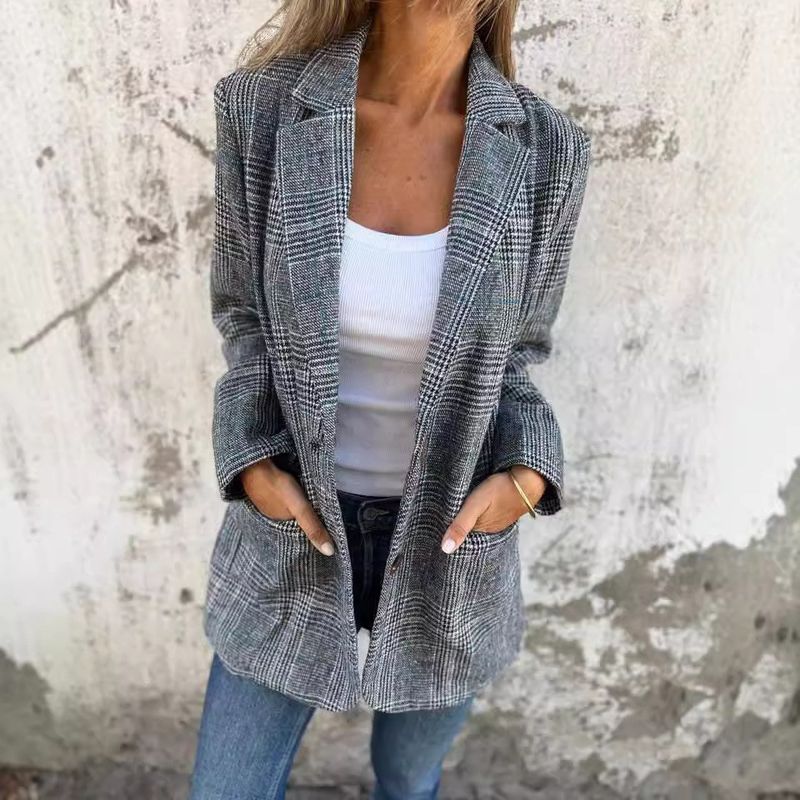 Giacca cardigan autunno/inverno 2025 da donna, casual e alla moda, con risvolto pied de poule_voghion.com