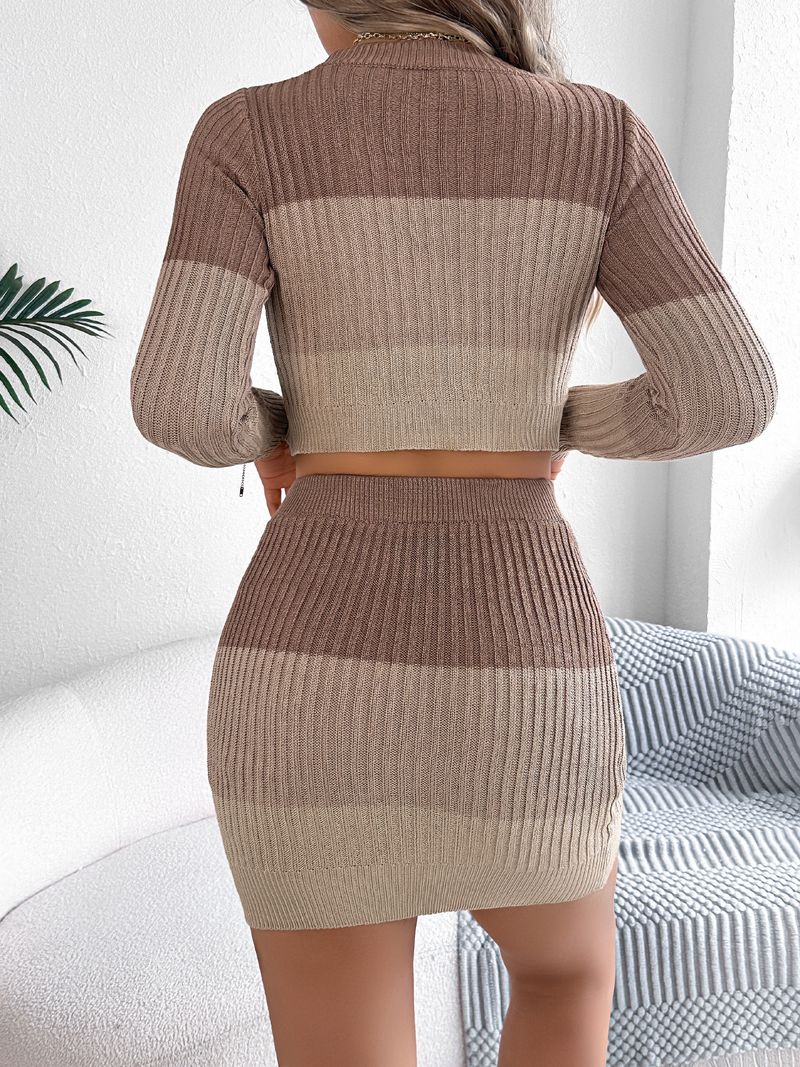 2025 Herbst Winter Farbblock Langarm Crop Top Bodycon Rock Strickset Damenmode_voghion.com
