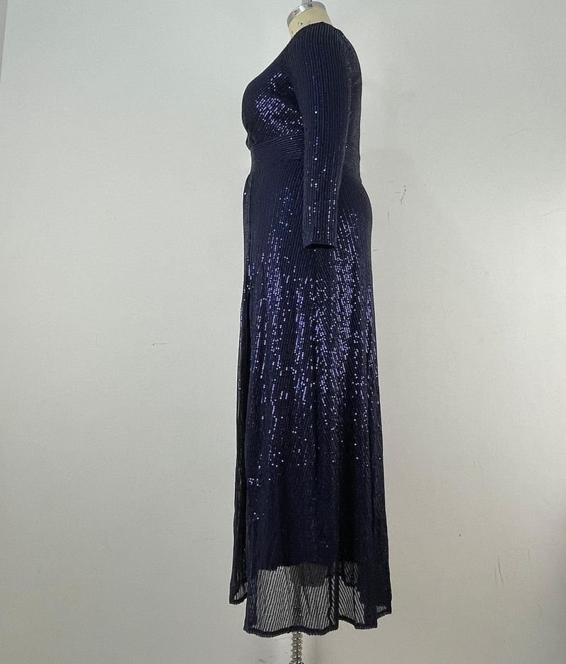 Elegant Plus Size Evening Gown With Sequins - V-Neck Long Sleeve Formal Dress For Wedding, Banquet & Special Occasions (Blue/Black/Wine Red, 0XL-5XL)_voghion.com