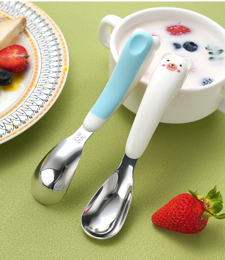 Colher de treinamento para alimentação infantil em aço inoxidável 316, urso de pelúcia de duas cores, suprimentos para mães e bebês_voghion.com