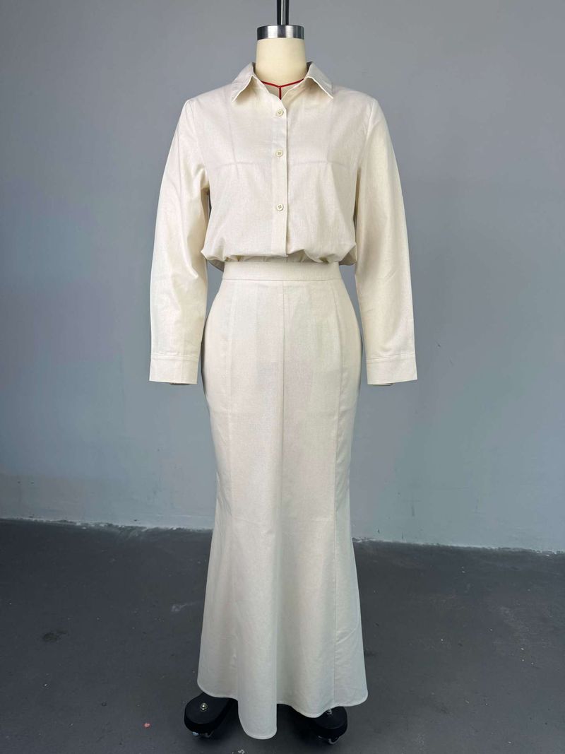 K Nuovo elegante set di due pezzi con camicia a maniche lunghe con colletto e gonna snellente a vita alta_voghion.com