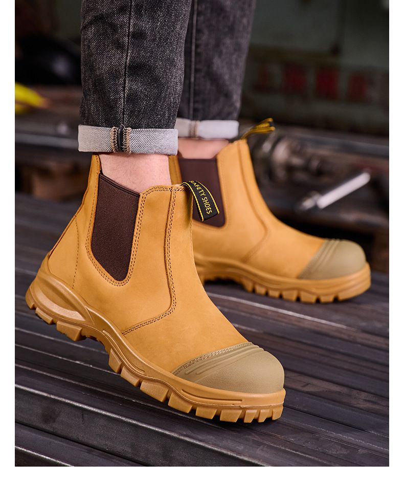 Men Special Work Shoes High-End With Cowhide Leather Upper, Anti-Smash And Anti-Puncture Steel Toe, Mid-Top Slip-On Men's Safety Shoes For Work_voghion.com